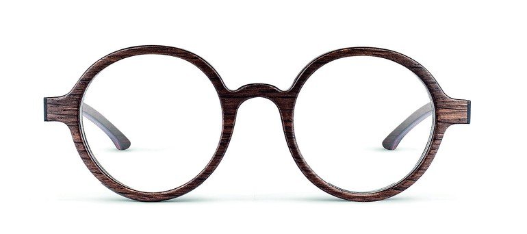 Holzbrille mit Scharnier aus Horn